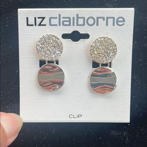 Liz Claiborne Gold and Silver Clip-On Drop Earrings Pave’ - Picture 1 of 4